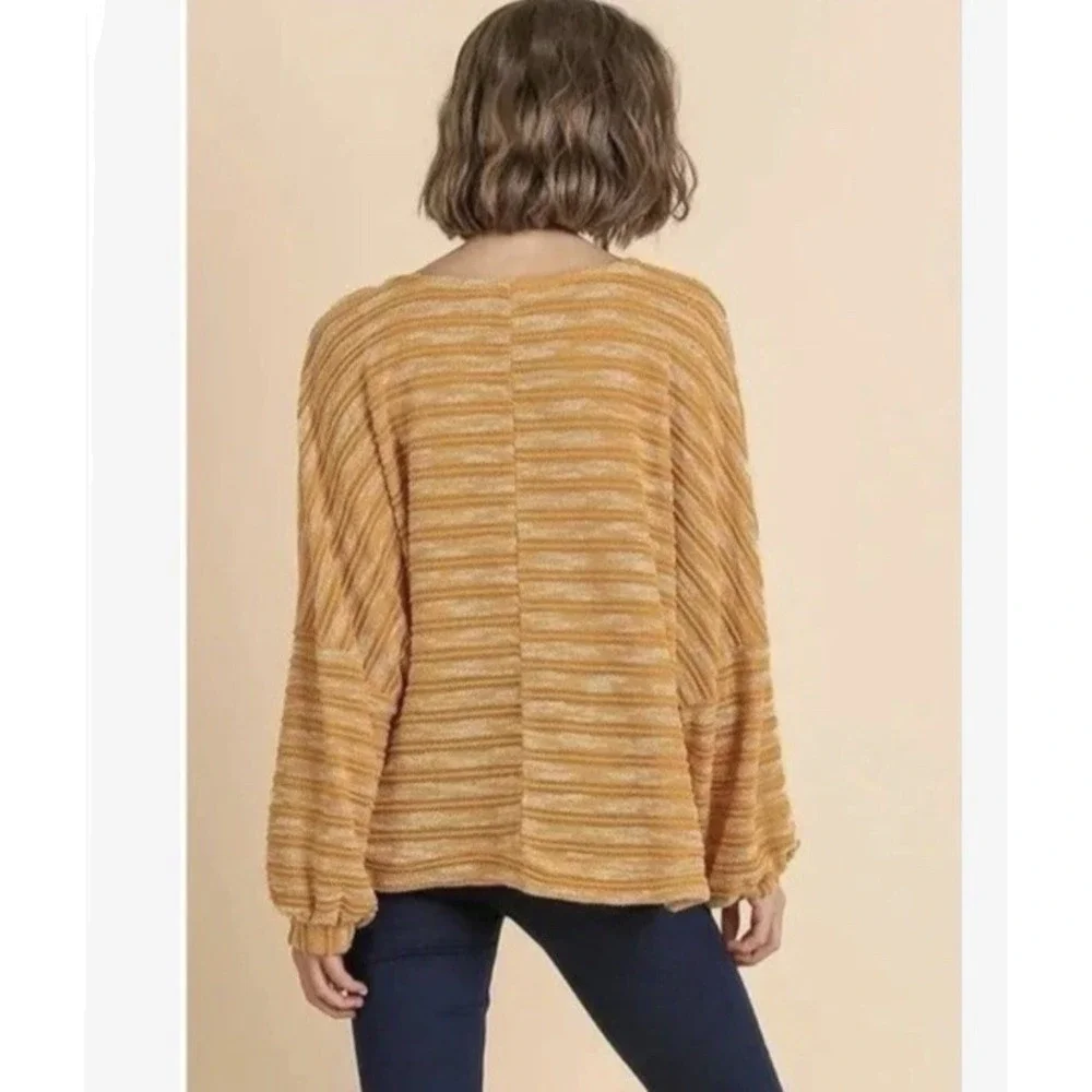 UMGEE Top Womens Medium Yellow Waffe Knit Long Sleeves Pullover Crew Neck Boho